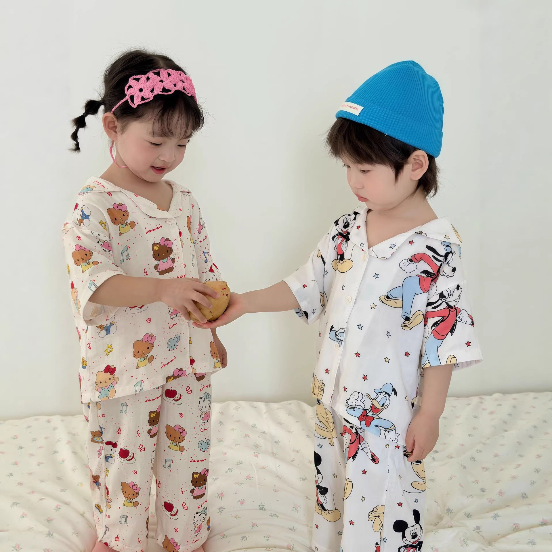 儿童夏季a类纯棉精梳棉纱布睡衣男女童短袖亲子开衫家居服套装