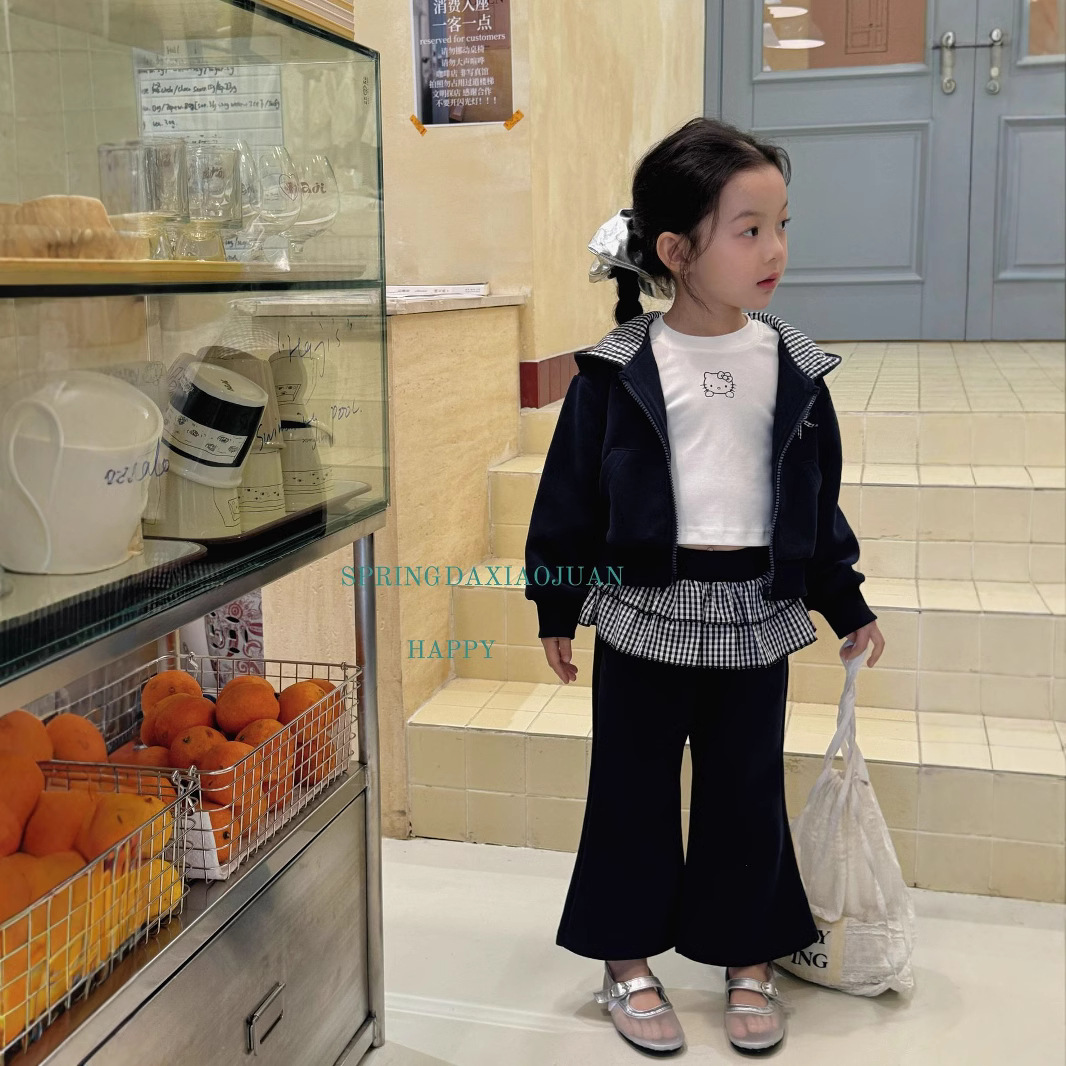 大小卷 2025新款女童韩版春秋花边卫衣裤子儿童拼接休闲连帽套装