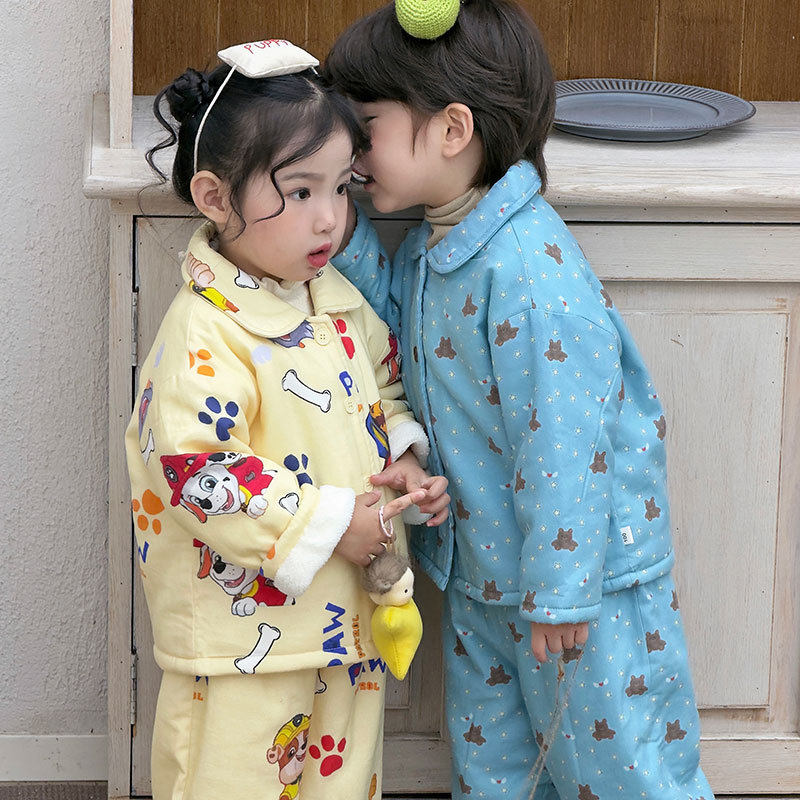 儿童秋冬长袖睡衣男女童加绒加厚家居服宝宝可外穿翻领新款套装韩
