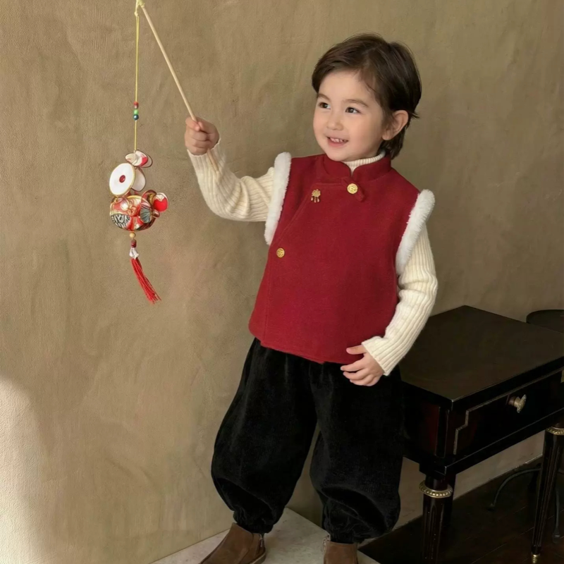 大小卷 2025冬季新款男童中国风旗袍马甲裤子儿童新年过年拜年服