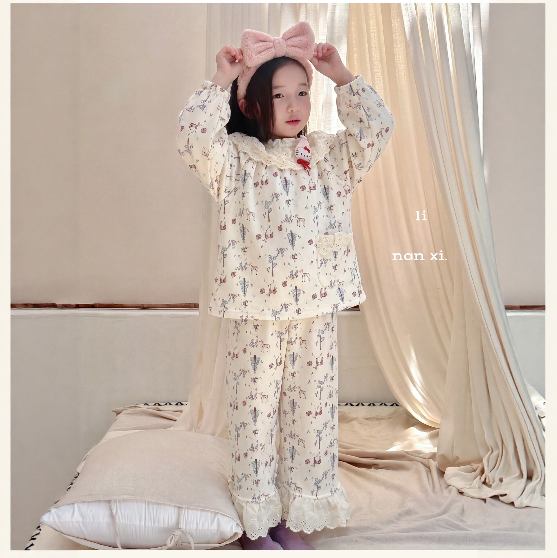 里南希女童韩系碎花家居服加绒保暖木耳边蕾丝领可爱玩偶宽松睡衣
