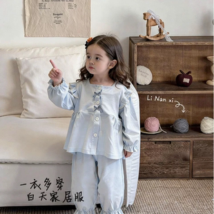 里南希 女童家居服套装2026早春新款女宝睡衣套装花边甜美纯棉a类