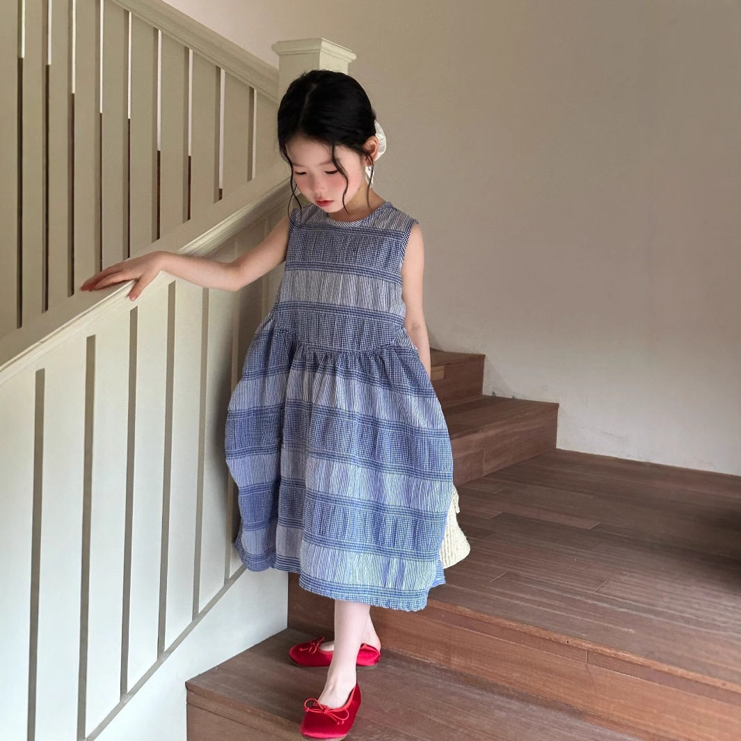 女童韩系休闲格子连衣裙韩国童装25夏女宝宝时髦洋气宽松背心裙潮