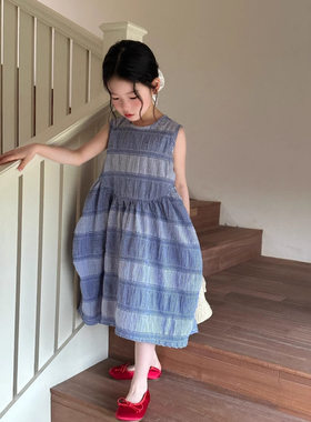 女童韩系休闲格子连衣裙韩国童装25夏女宝宝时髦洋气宽松背心裙潮