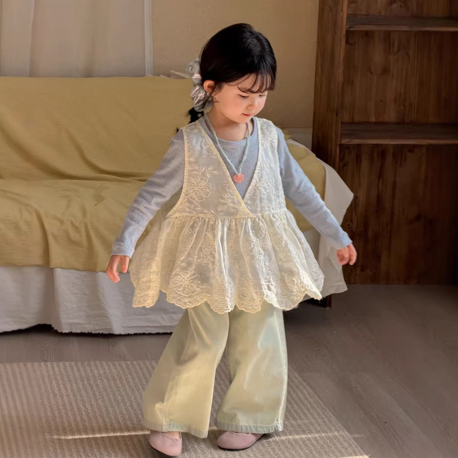 一麦田季女童韩版蕾丝网纱背心针织打底衫儿童清新甜美背心裙罩衫