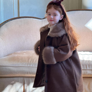 尖子蛋韩系童装2025冬季新款女童外套高级感纯色长款拼毛毛呢大衣