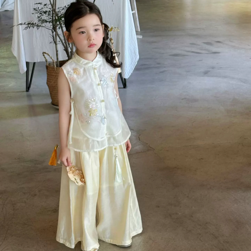 大小卷26新款女童新中式国风套装夏季儿童汉服女孩上衣两件套中式