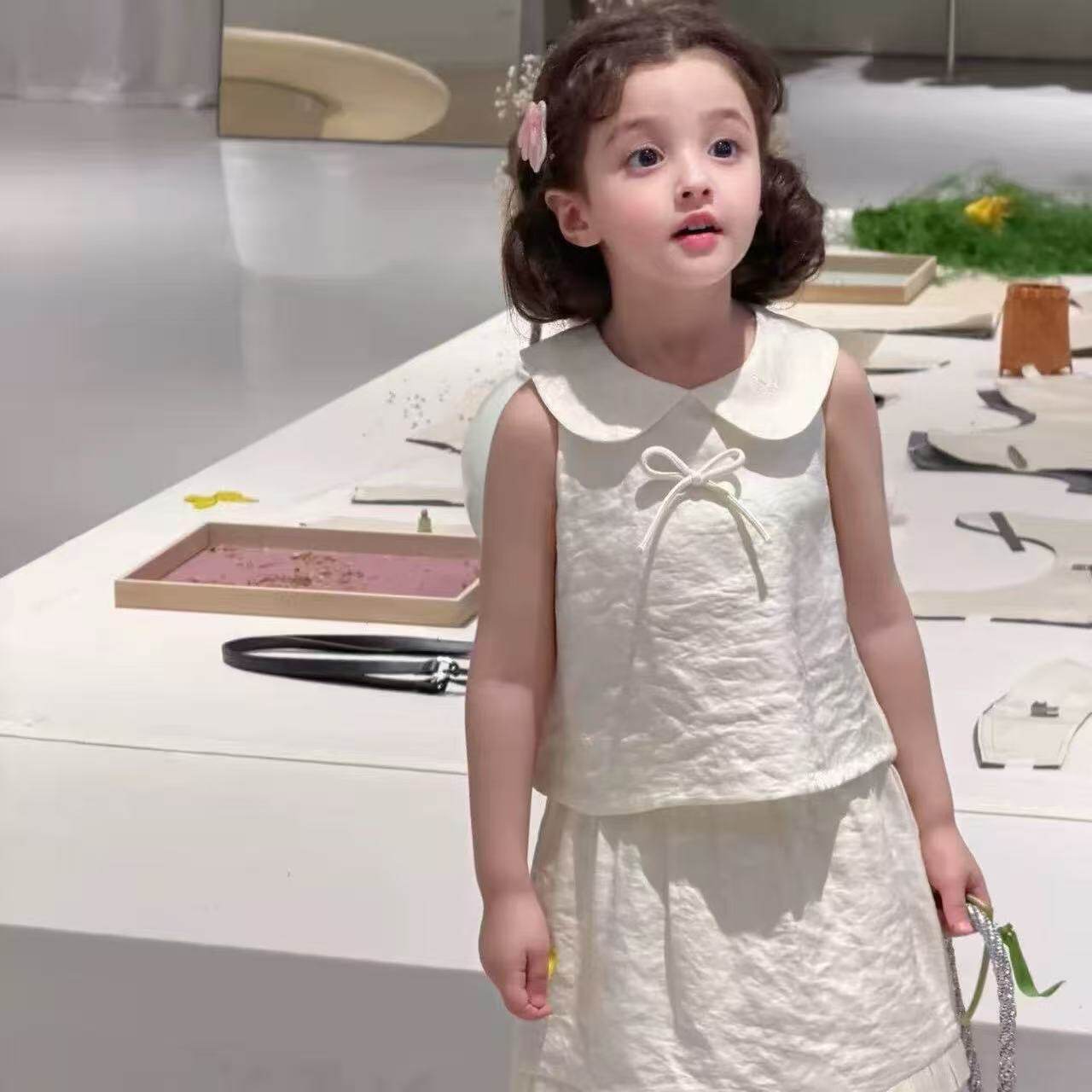 女童背心半裙套装夏装2026女孩娃娃衫背心t恤+半裙法式轻奢两件套