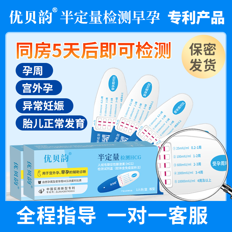 优贝韵半定量早孕试纸5人份加特林验孕棒测hcg宫外孕早早孕测怀孕