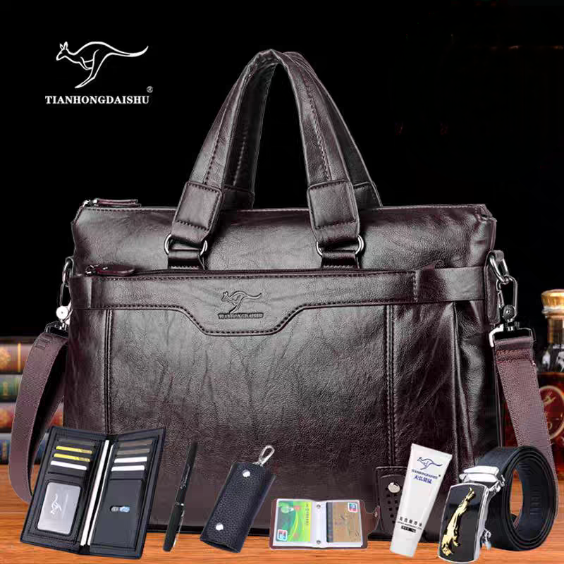 帅桐袋鼠真皮包包男软皮商务公文包大容量斜挎包单肩包电脑手提包