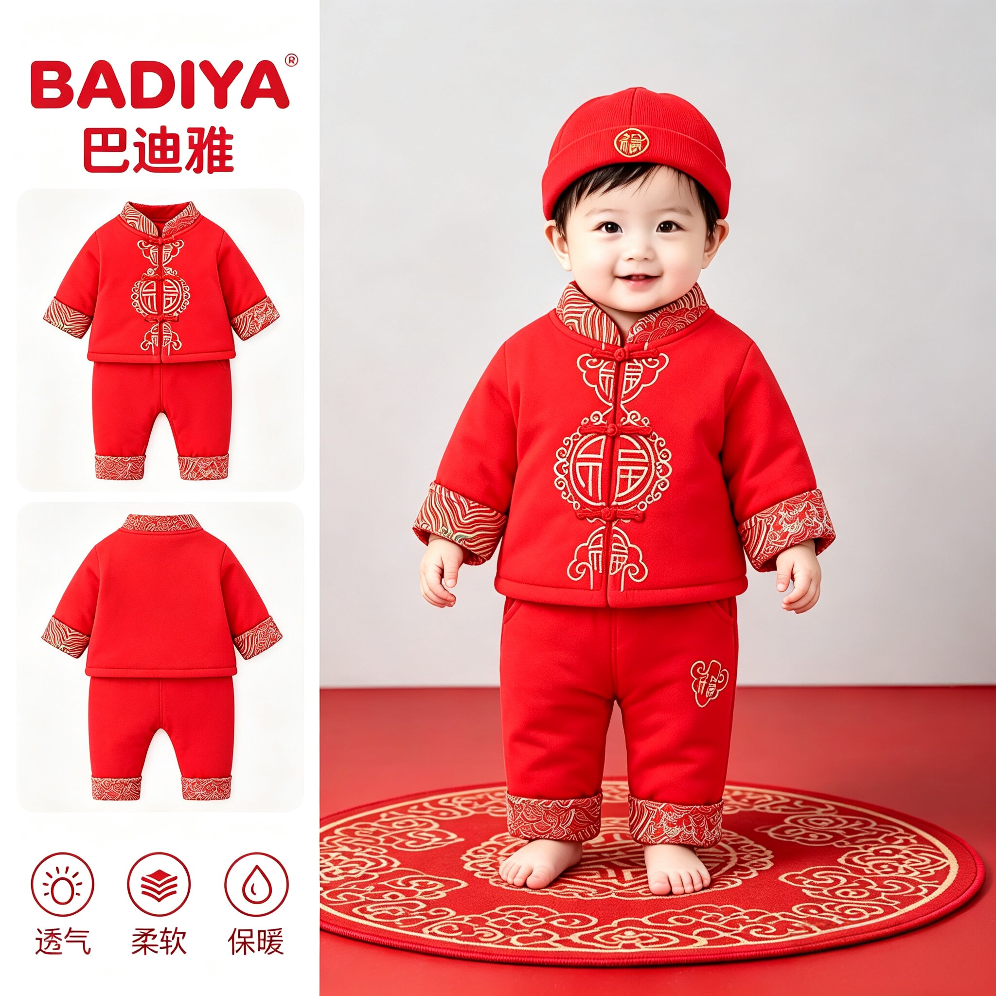 婴儿拜年服秋装冬季男童唐装过年喜庆新年装男宝宝抓周岁礼服套装