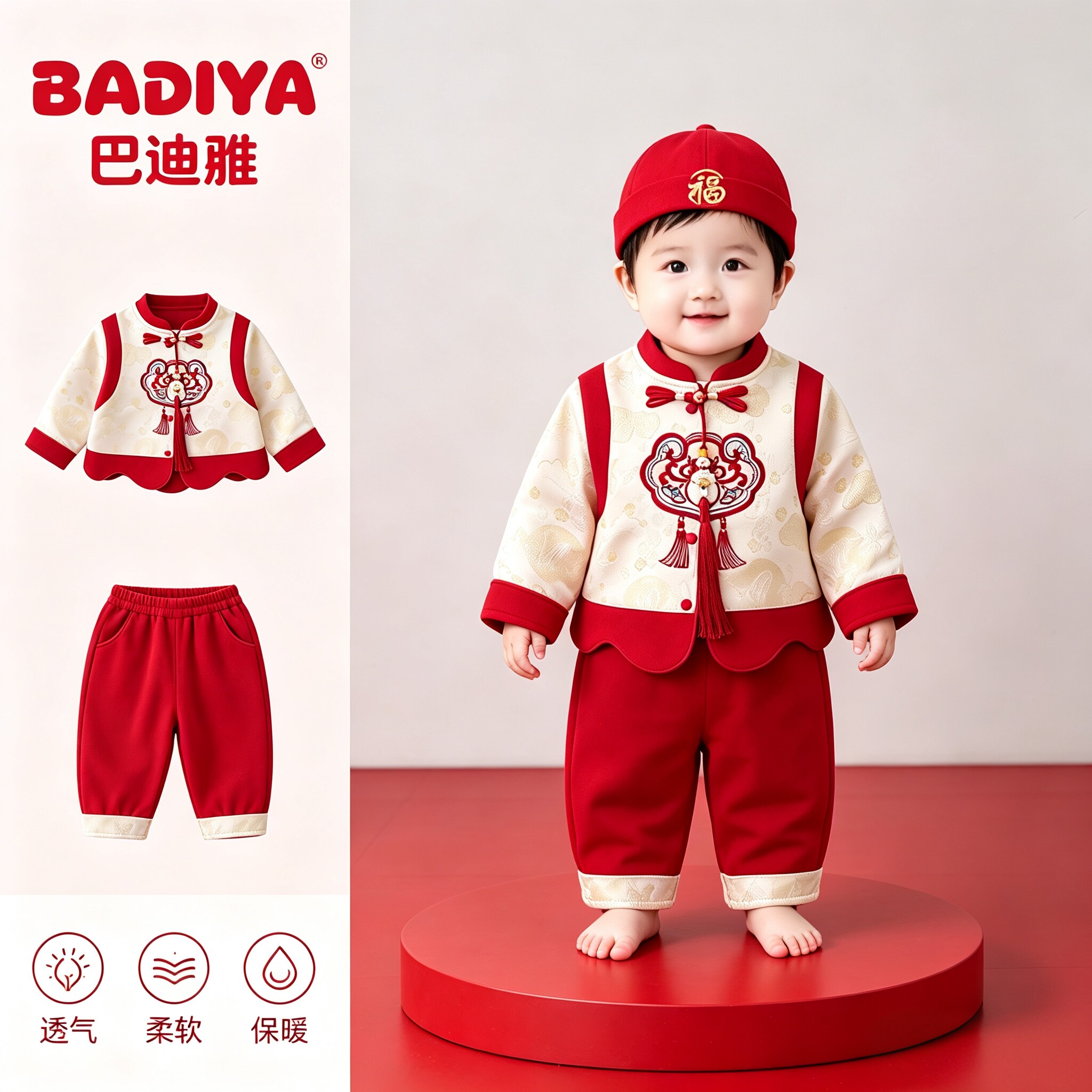 新中式男宝宝周岁宴礼服秋装婴儿百天衣服秋季红色分体套装拜年服图片