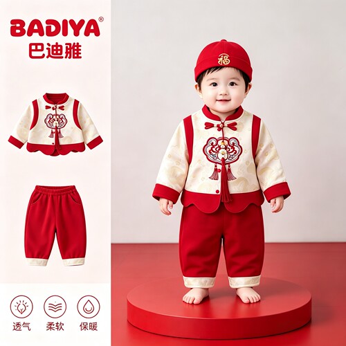 新中式男宝宝周岁宴礼服秋装婴儿百天衣服秋季红色分体套装拜年服