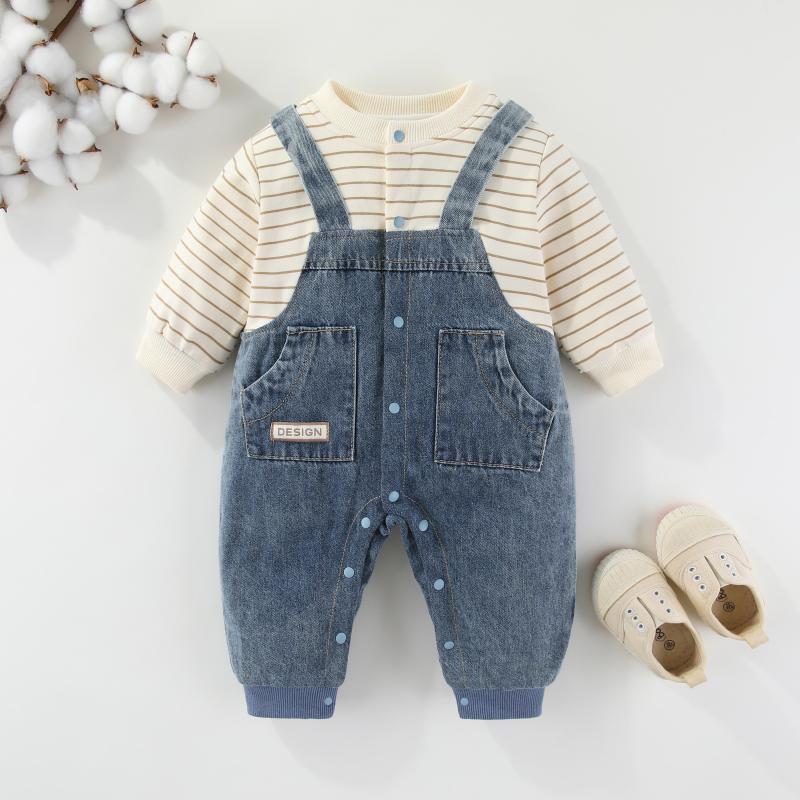 新生婴儿秋装牛仔外套连体哈衣男女宝宝百天衣服春秋季双层外出服
