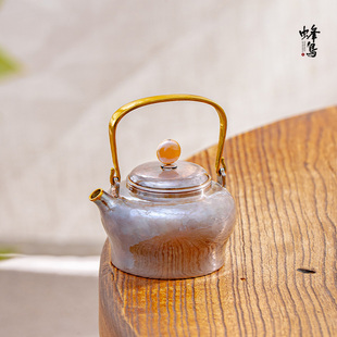 蜂鸟茶家 木纹金把手扁珍珠钮包金嘴紫皮提梁小壶（小号）