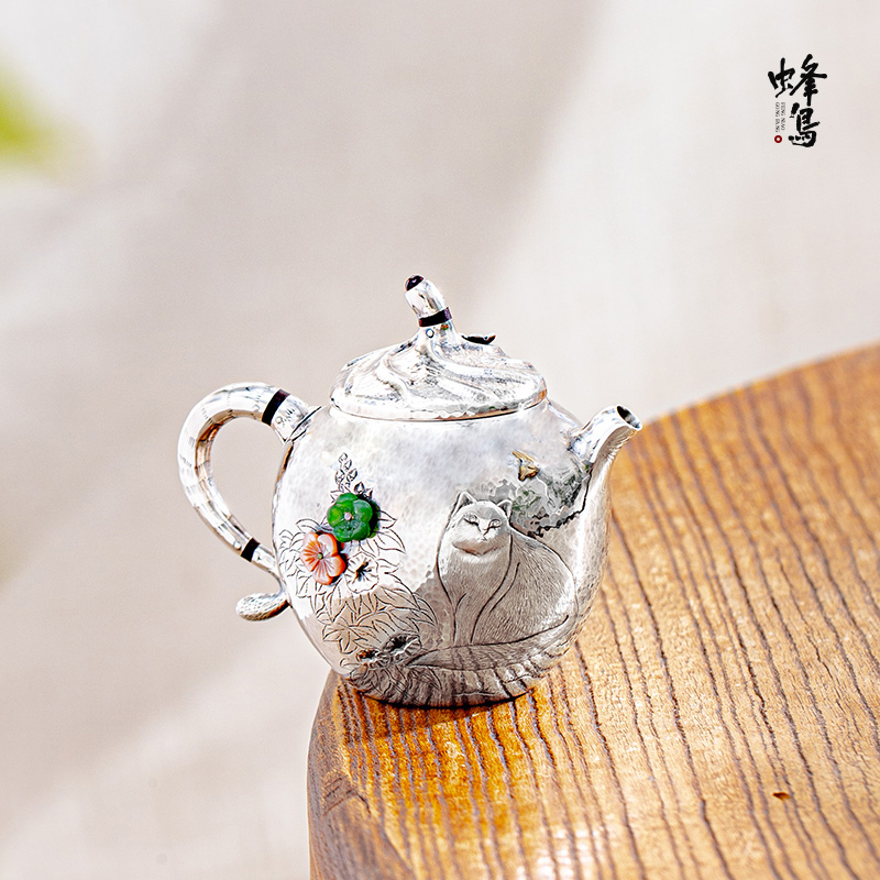 福利品 银壶纯手工一张打 隔热钮錾刻玉花猫咪小狸奴锤纹小壶