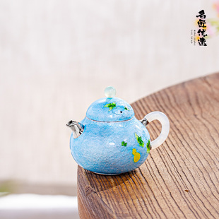 银壶泡茶壶七宝烧玉把玉钮葫芦蓝色梨形小壶 蜂鸟工坊