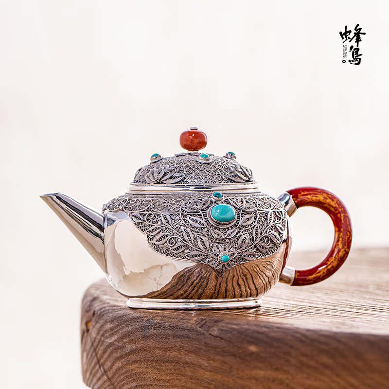 蜂鸟工坊 银壶纯银999泡水壶家用花丝镶嵌玉银茶壶手工高端茶具
