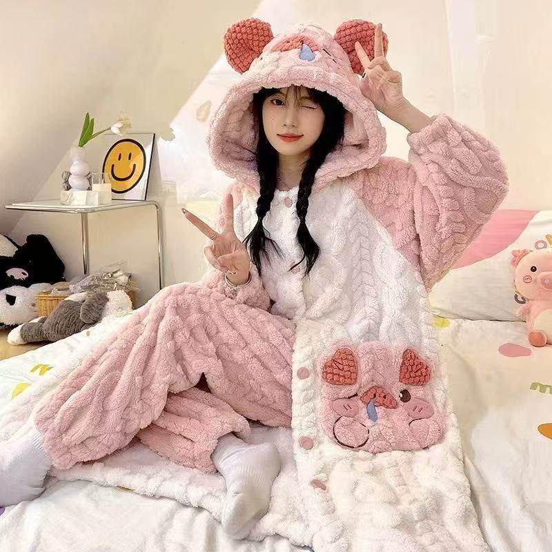 睡衣女秋冬加厚珊瑚绒套装长袖可爱韩版学生宿舍家居服宽松可外穿