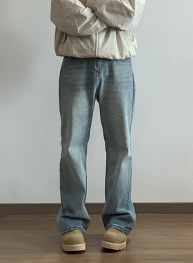 X1617 美式cleanfit复古显瘦微喇牛仔裤高街水洗做旧直筒蓝色长裤