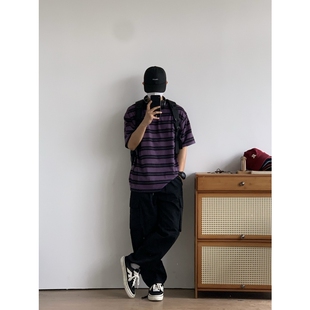 X1617 夏季日系新款重磅纯棉半袖宽松舒适条纹短袖休闲t恤男女T82
