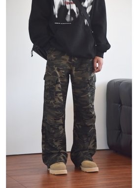 X1617 美式新款vintage迷彩工装裤小众显高直筒阔腿休闲裤伞兵男