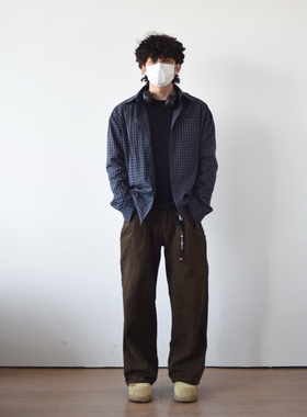 X1617 新款春秋美式百搭长袖衬衣宽松深蓝色格子外套男衬衫G1100