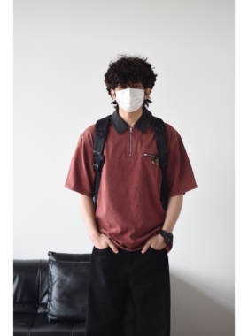 X1617夏季美式复古宽松百搭半拉链圆领重磅翻领工装短袖T恤男2510