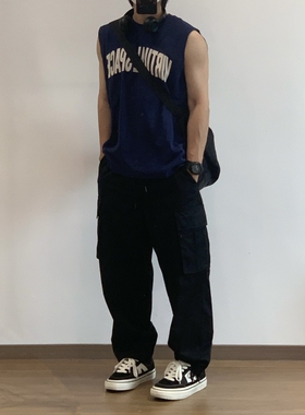 X1617 夏季新款美式复古300g纯棉坎肩无袖字母印花背心T恤上衣男