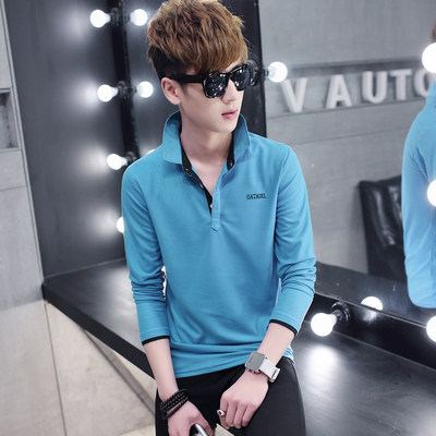青年有领长袖T恤男士翻领休闲大尺码polo衫潮流修身有领T恤打底衫