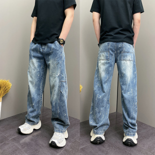 痞帅街头风长裤 复古水洗刮破牛仔裤 宽松阔腿直筒裤 新款 男2026春季