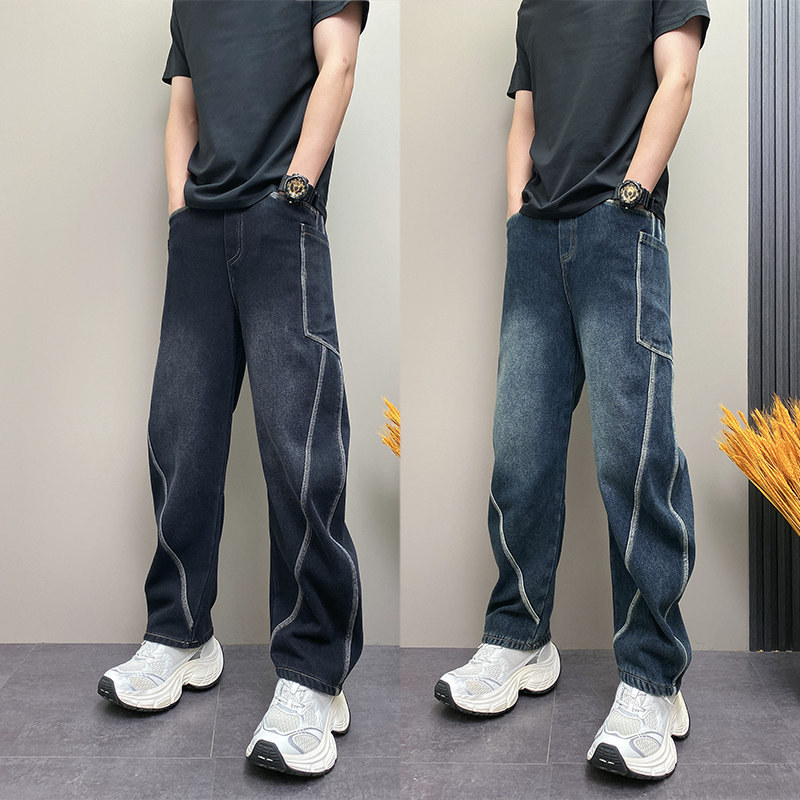 男士秋冬加绒美式休闲抽绳水洗复古牛仔裤男裤拼接潮流痞帅弯刀裤,男装,牛仔裤,淘宝优惠券,粉丝福利购,淘宝优惠卷
