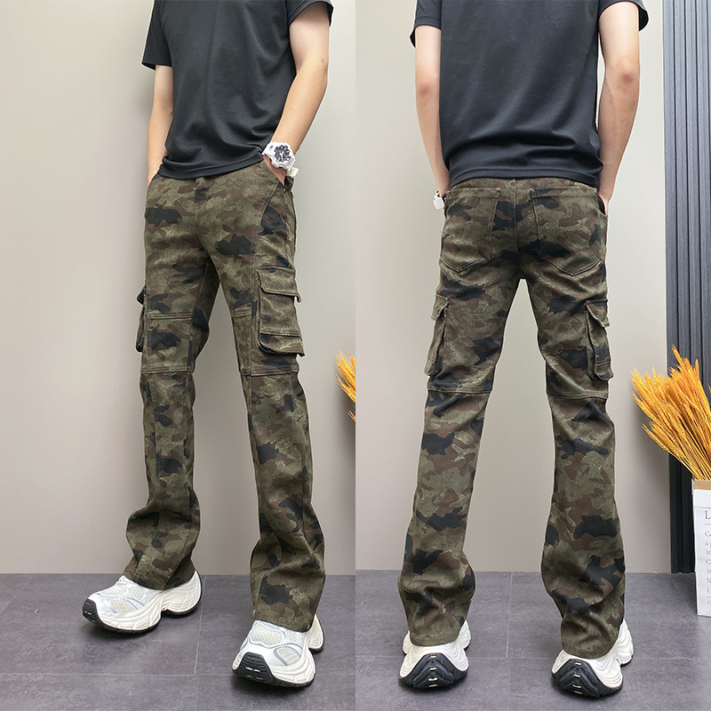 秋季美式高街多口袋微喇叭迷彩工装裤男式潮牌新款修身直筒休闲裤