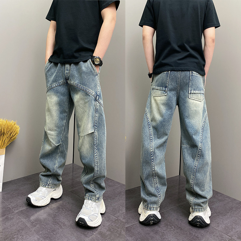 美式加绒水洗拼接弯刀牛仔裤男2026冬季新款小众痞帅直筒休闲长裤,男装,牛仔裤,淘宝优惠券,粉丝福利购,淘宝优惠卷