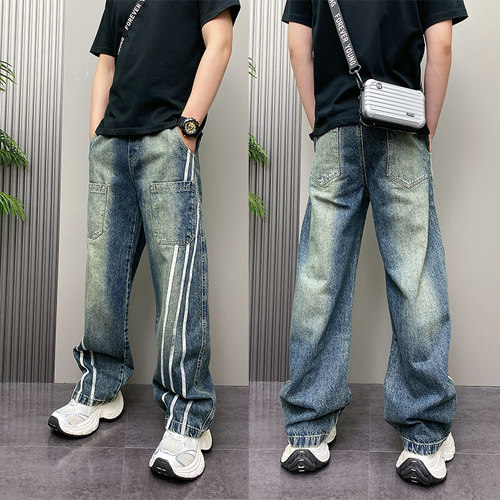 秋季男士潮流条纹拼色牛仔长裤