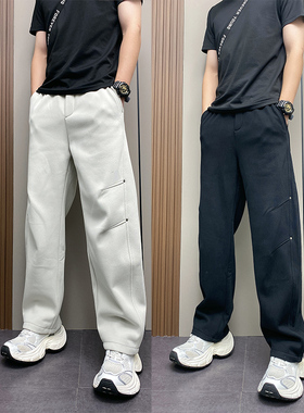 冬季加绒潮牌灰色直筒运动裤美式束脚男宽松休闲裤时尚百搭弯刀裤