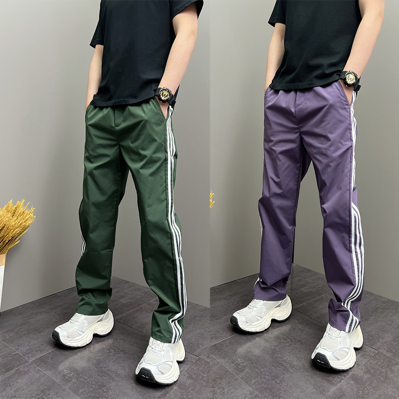 新款百搭条纹速干休闲裤子夏季潮流宽松直筒长裤男青年运动裤子男