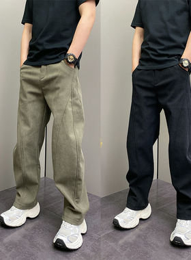 2025冬季加绒宽松条绒休闲裤男松紧腰抽绳直筒长裤时尚弯刀运动裤