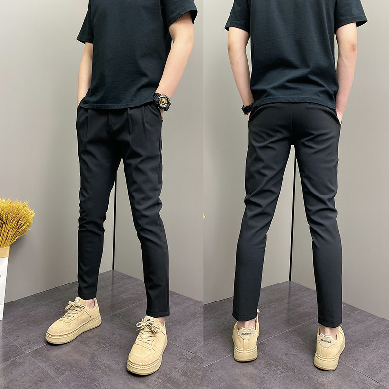 2026年春季潮流韩版紧身修身青年男士痞帅黑色休闲纯色ins小脚裤