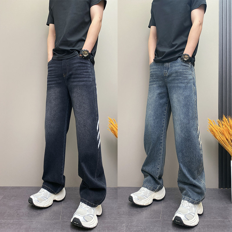 春季新款美式复古拼条水洗牛仔裤男宽松阔腿弯刀裤抽绳直筒休闲裤,男装,牛仔裤,淘宝优惠券,粉丝福利购,淘宝优惠卷