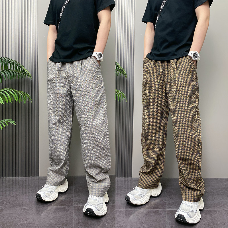 2026年夏季薄款潮流韩版痞帅宽松哈伦格子裤青年男士休闲直筒裤子
