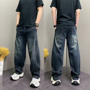 男直筒宽松百搭阔腿长裤 加绒潮牌复古洗水弯刀牛仔裤 新款 2025冬季