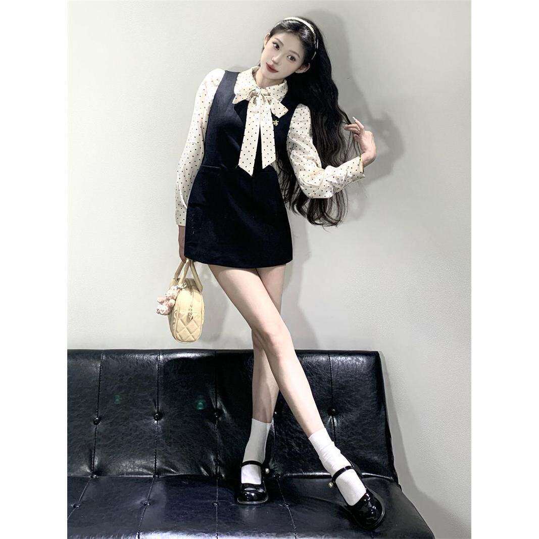 韩版甜美千金收腰超仙背带连衣裙女秋季叠穿蝴蝶结波点衬衫两件套