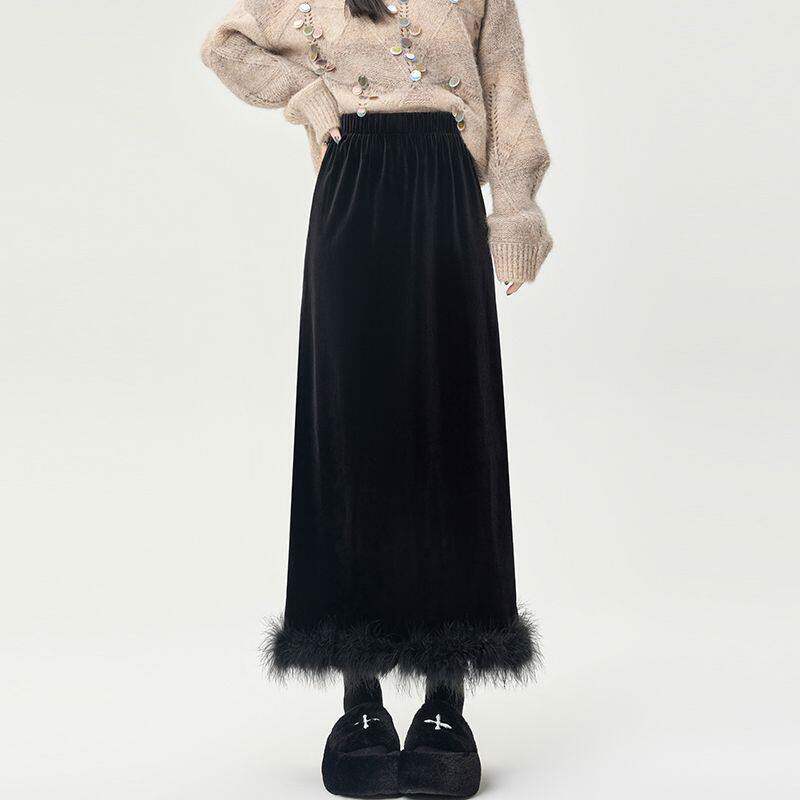 丝绒半身裙女拼接毛毛秋冬新款新款中长款直筒开叉显瘦包臀裙