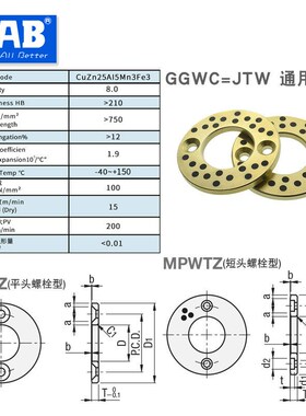 JTW无油免维护自润滑铜合金石墨止推垫片垫圈互换GBWC MPWZ OFU01