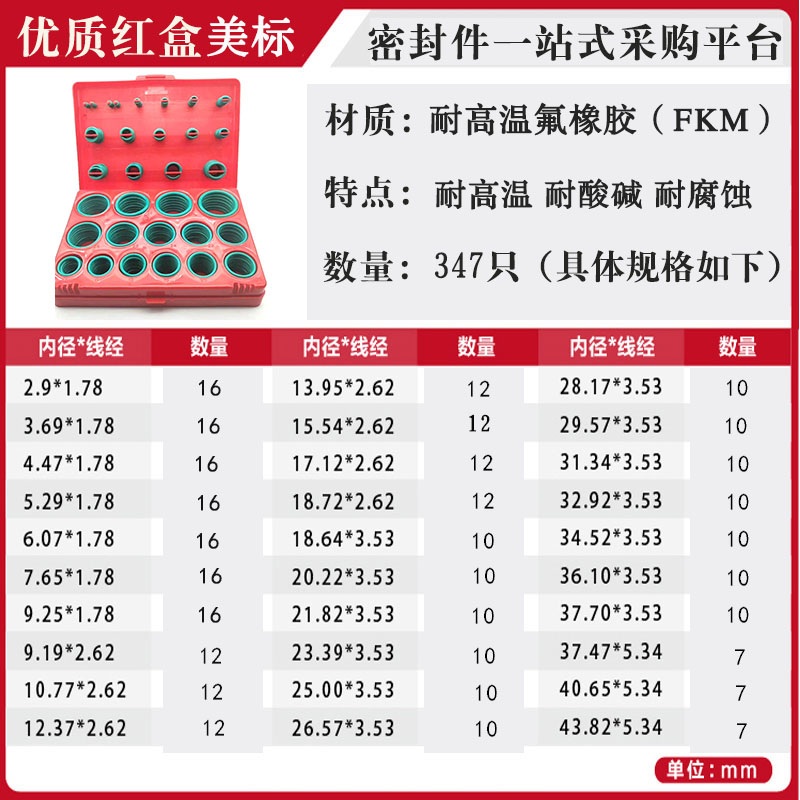 橡胶O型密封圈修理盒丁晴/氟胶/硅胶圈套装耐油耐磨耐高温油封垫