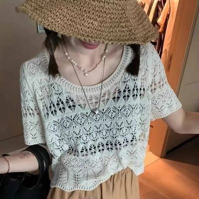 夏季新品镂空薄款短袖针织衫女装质感优雅风宽松休闲洋气法式上衣