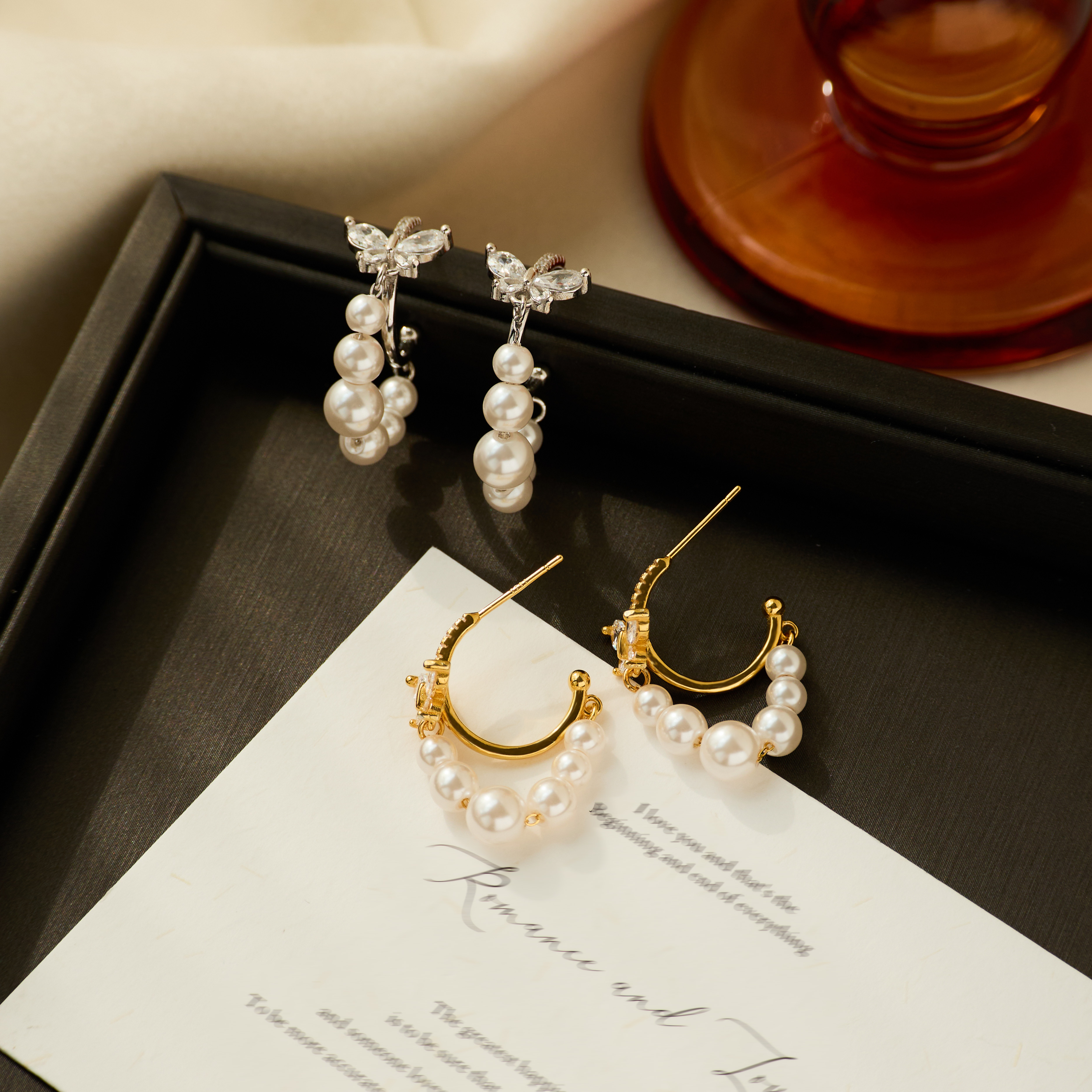 超闪蝴蝶流苏珠珠耳钉气质女耳饰
