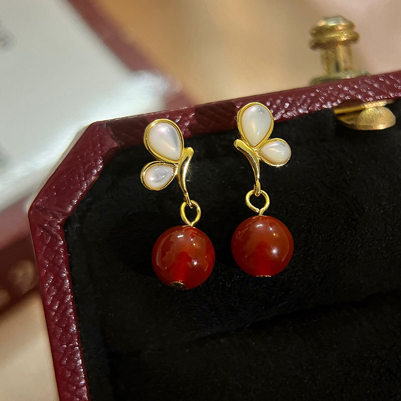 丽沁S925纯银蝴蝶红色吊坠耳钉本命年红色耳环送闺蜜礼物