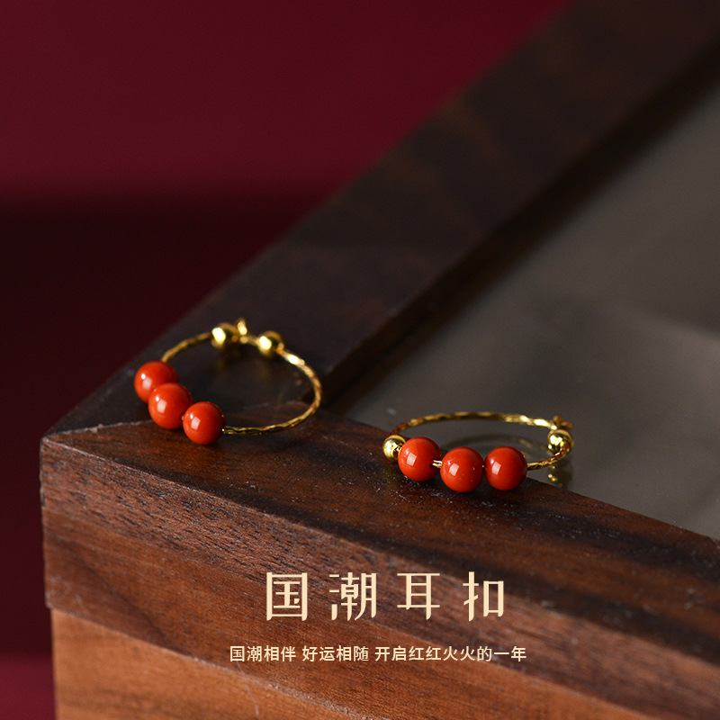 丽沁925银国风红豆豆耳扣女轻奢耳钉小众设计感新款红色